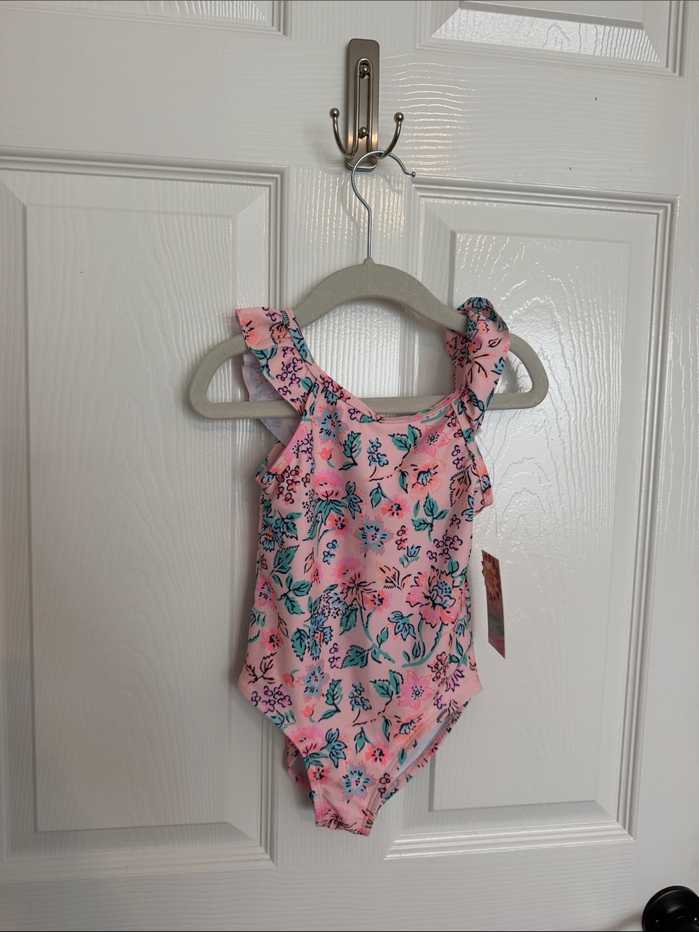 btween Pink Floral Ruffle One-Piece Swimsuit